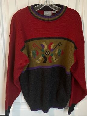 Vintage Wool Blend  Men's Red Multicolor Patterned Crew Neck Sweater